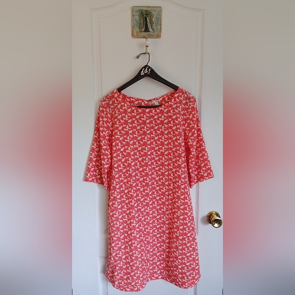 GAP MEDIUM VICKI 3/4 SLEEVE KITTY PRINT SHIFT DRESS CORAL/WHITE 100% POLYESTER - Picture 3 of 9